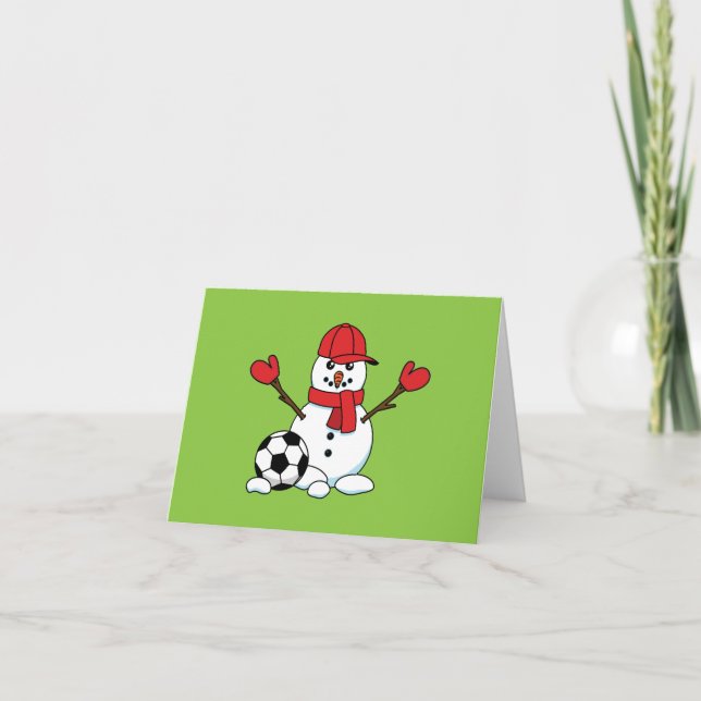 Tarjeta Muñeco de nieve divertido con balón de fútbol (Anverso)