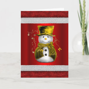 Tarjeta Muñeco de nieve dorado lindo en Navidad roja