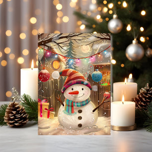 Tarjeta Muñeco de nieve feliz con luces coloridas y alegrí