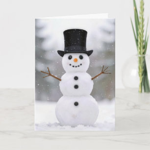 Tarjeta Muñeco de nieve feliz de Navidad con sombrero de c