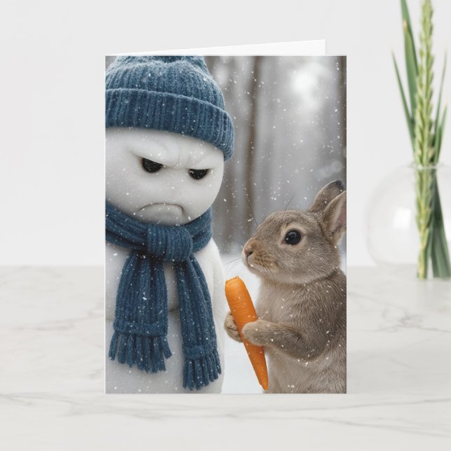 Tarjeta Muñeco de nieve gruñón de Navidad con un conejo (Anverso)