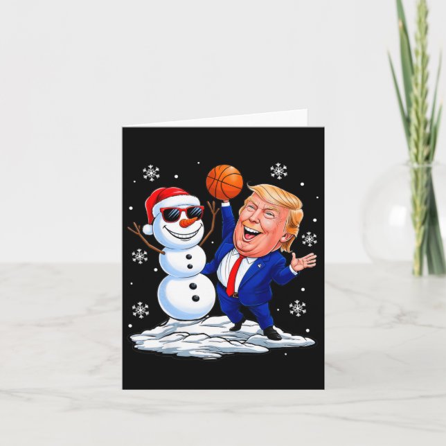 Tarjeta Muñeco de nieve juega baloncesto con Trump Navidad (Anverso)