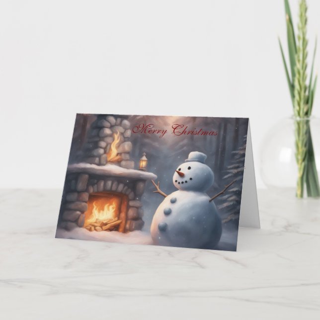 Tarjeta Muñeco de nieve junto a una chimenea exterior de N (Anverso)
