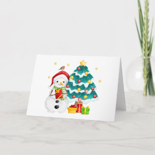 Tarjeta Muñeco de nieve lindo y árbol de Navidad 