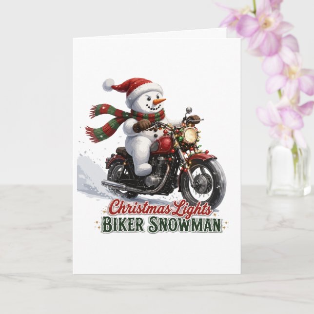 Tarjeta Muñeco de nieve motero luces de Navidad (Orquídea)