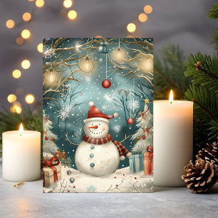 Tarjeta Muñeco de nieve navideño caprichoso en el bosque i