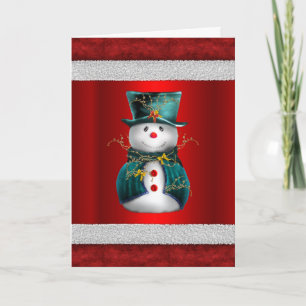Tarjeta Muñeco de nieve verde lindo en Navidad roja