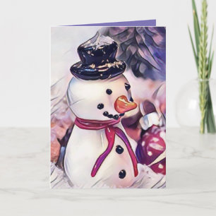Tarjeta Muñeco de nieve vintage en el dibujo de la nieve
