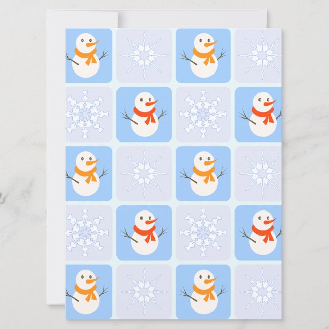 Tarjeta Muñeco de nieve y copos de nieve con patrón a cuad (Anverso)
