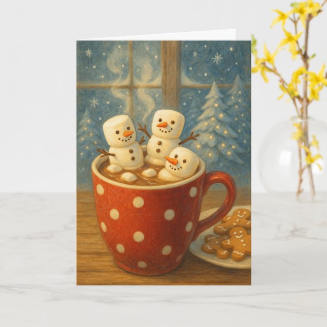 Tarjeta Muñecos de Nieve de Cacao Acogedores (flor amarilla)