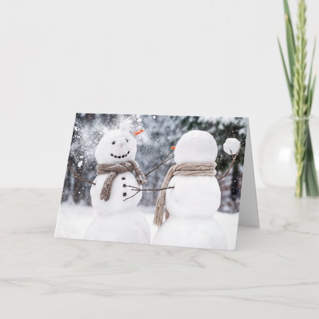 Tarjeta Muñecos de nieve de Navidad en una batalla de bola (Anverso)