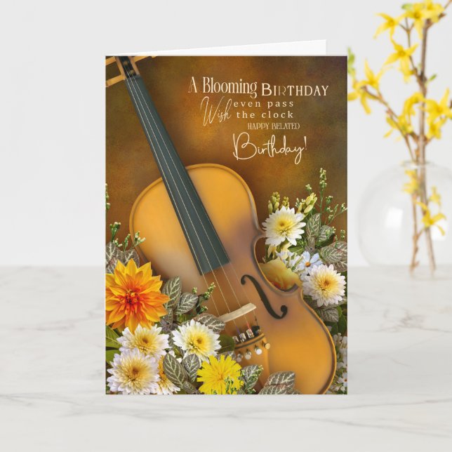 Tarjeta Music Theme Belated Birthday Card – Violin (flor amarilla)