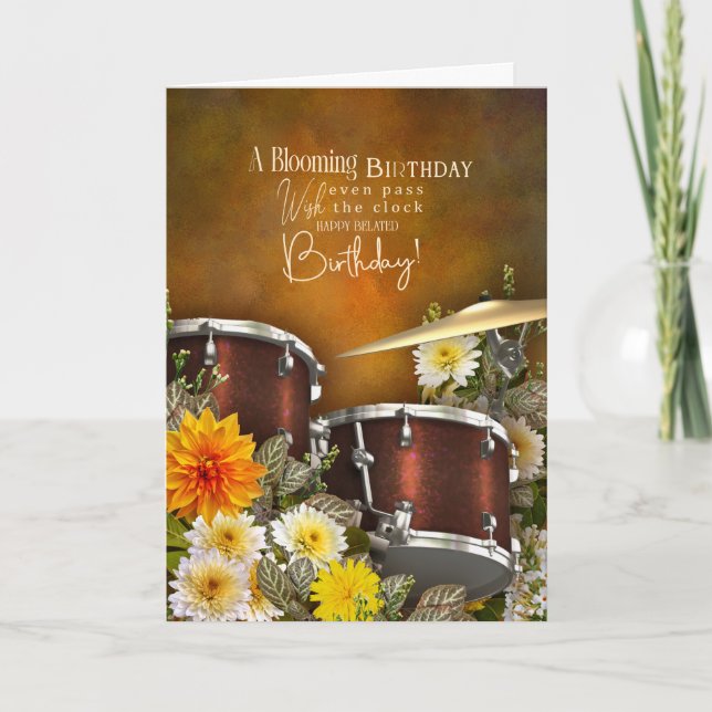 Tarjeta Music Theme Belated Birthday Card with Drum Set (Anverso)