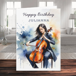 Tarjeta Músico Violonchelista Aquarela Personalizada Feliz