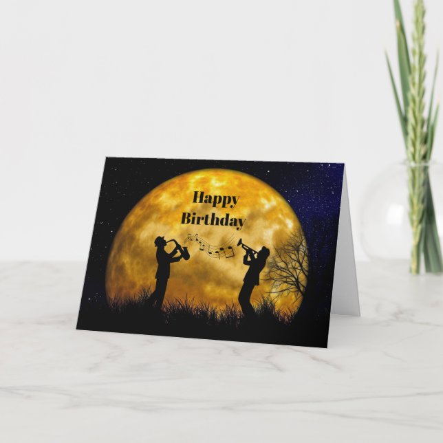 Tarjeta Músicos con acuarela de luna llena Cumpleaños (Anverso)