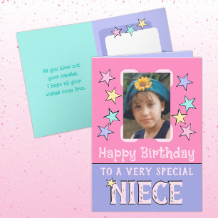 Tarjeta Muy especial sobrina foto rosa morado cumpleaños