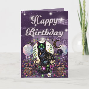 Tarjeta Mystical Black Cat Witchy Birthday Celestial Tema