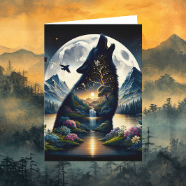 Tarjeta Mystical Wolf Howling en Moon Surreal Birday