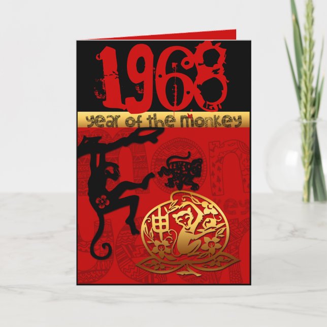 Tarjeta Nacido en el año del mono 1968 astrología china Zo (Anverso)