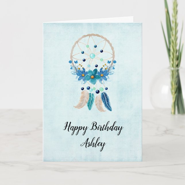Tarjeta Nacimiento Blue Dreamcatcher con flores y plumas (Anverso)