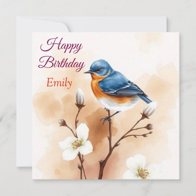Tarjeta Nacimiento de acuarela de flores de pájaro azul pe (Anverso)