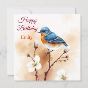 Tarjeta Nacimiento de acuarela de flores de pájaro azul pe