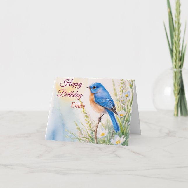 Tarjeta Nacimiento de acuarela de flores de pájaro azul pe (Anverso)