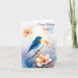 Tarjeta Nacimiento de acuarela de flores de pájaro azul pe