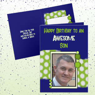 Tarjeta Nacimiento de asombroso hijo foto azul verde