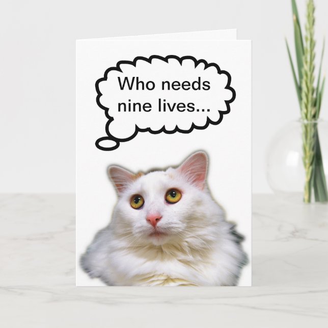 Tarjeta Nacimiento de gato blanco nueve vidas (Anverso)