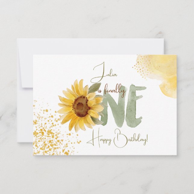 Tarjeta Nacimiento de girasol acuarela primer cumpleaños f (Anverso)