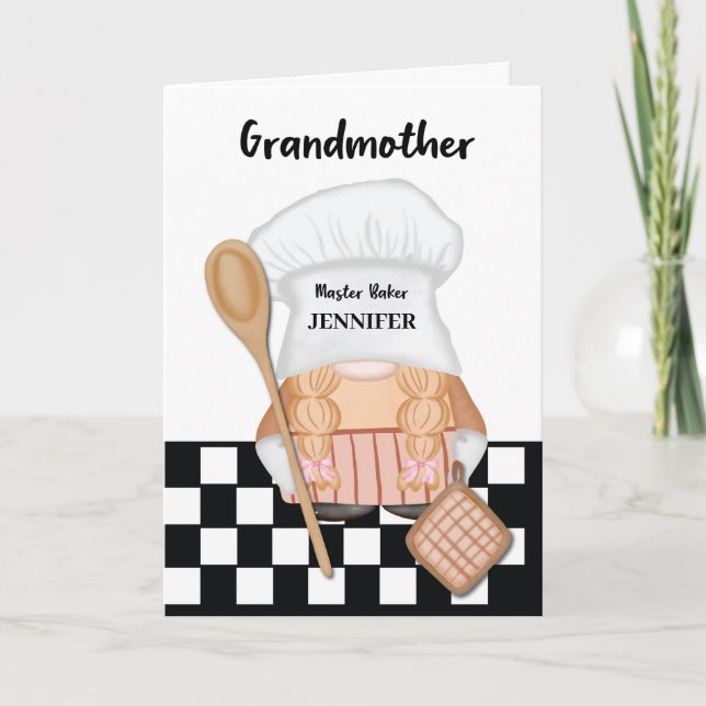 Tarjeta Nacimiento de la abuela Whimsical Gnome Baker Baki (Anverso)