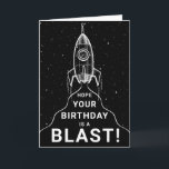 Tarjeta Nacimiento de la nave espacial retro en blanco y n<br><div class="desc">El diseño retro de mediados de siglo en blanco y negro presenta un barco de cohetes que explota. Luego dice,  espero que tu cumpleaños sea una explosión. Texto blanco sobre fondo negro.</div>