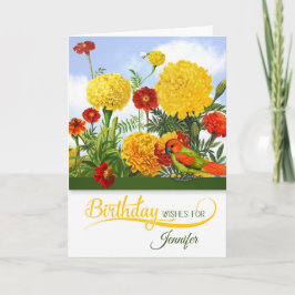 Tarjeta Nacimiento de Octubre Jardín Marigold con Nombre
