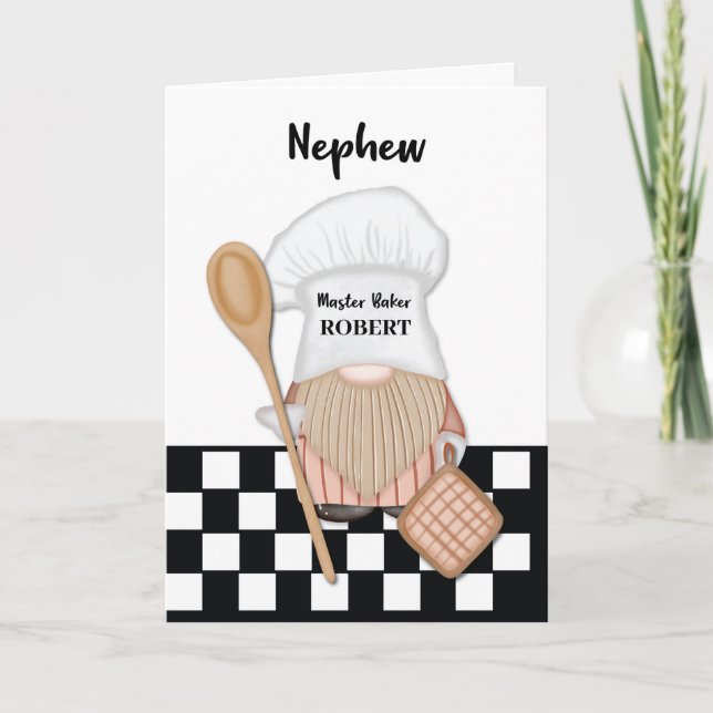 Tarjeta Nacimiento del sobrino Whimsical Gnome Baker (Anverso)