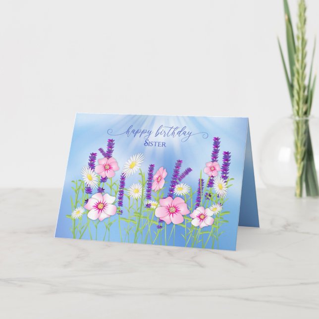 Tarjeta Nacimiento Hermana Suave Delicada Flor Jardín Azul (Anverso)