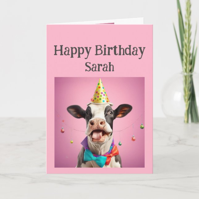 Tarjeta Nacimiento Nombre Personalizado Fun Cow Animal (Anverso)