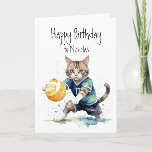 Tarjeta Nacimiento Nombre Personalizado Gato Jugando Volei