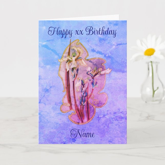 Tarjeta Nacimiento Personalizado del Arte Floral Azul Iris (Planta pequeña)