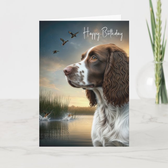 Tarjeta Nacimiento Springer Spaniel con pollos (Anverso)