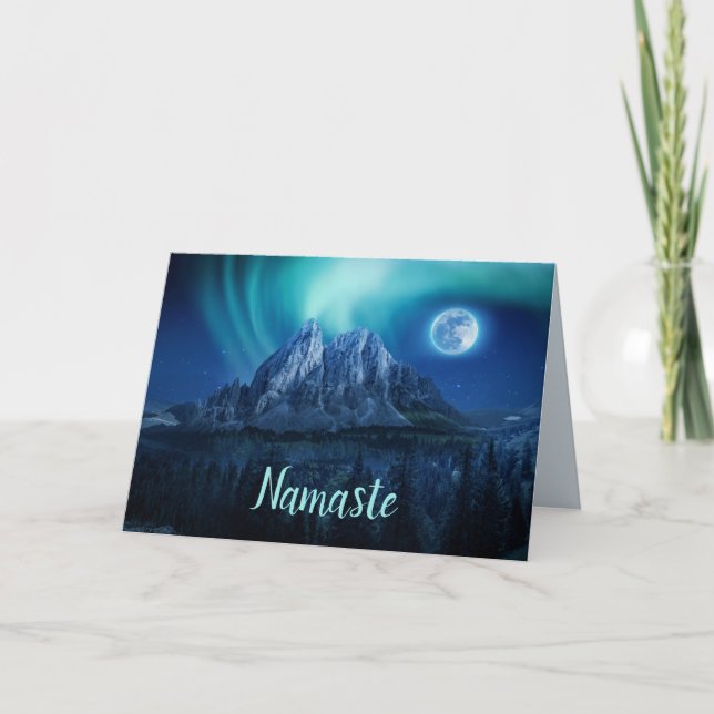 Tarjeta Namaste Cita Gracias Aurora Full Moon Mountain (Anverso)