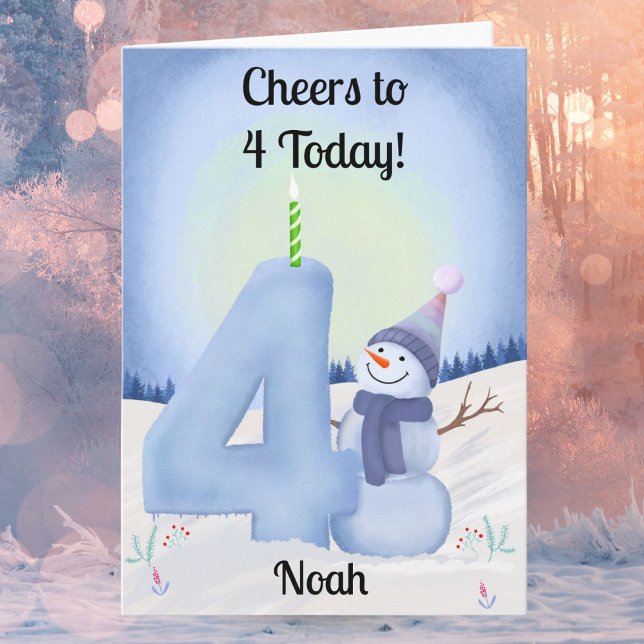 Tarjeta Name 4th Birthday Snowman with Snowy Four (Subido por el creador)