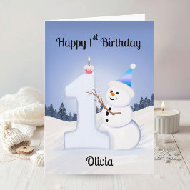 Tarjeta Name Happy 1st Birthday Snowman Building One