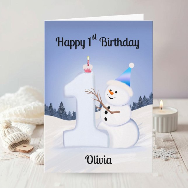 Tarjeta Name Happy 1st Birthday Snowman Building One (Subido por el creador)