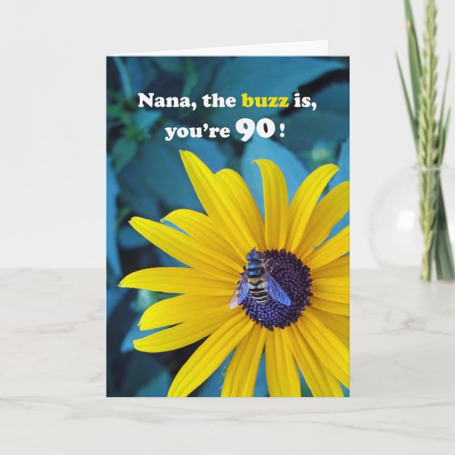 Tarjeta Nana 90 cumpleaños con abeja en la flor (Anverso)