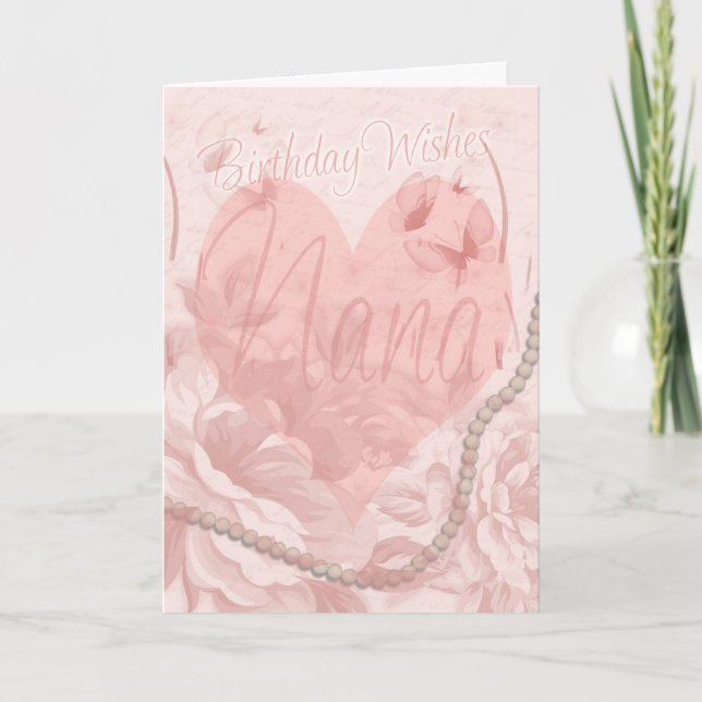 Tarjeta Nana Birthday Card, Floral Rosa, Corazón Con Mante (Anverso)