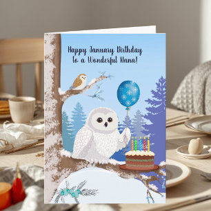 Tarjeta Nana Feliz Cumpleaños Enero Búho de las Nieves
