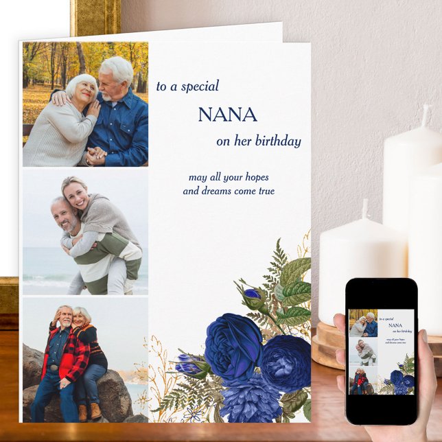 Tarjeta Nana Happy Birthday 3 Photo Blue Rosas (Subido por el creador)