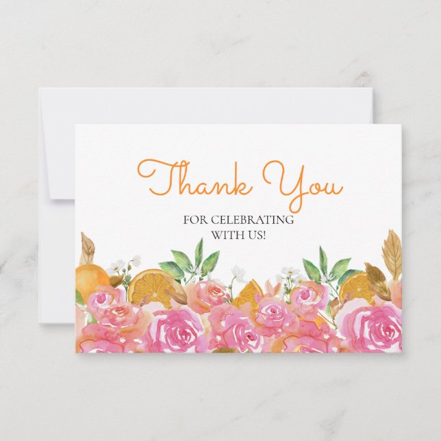 Tarjeta Naranja acuarela y floral rosa gracias (Anverso)