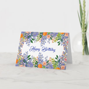 Tarjeta Naranja Blue Floral Watercolor Cumpleaños